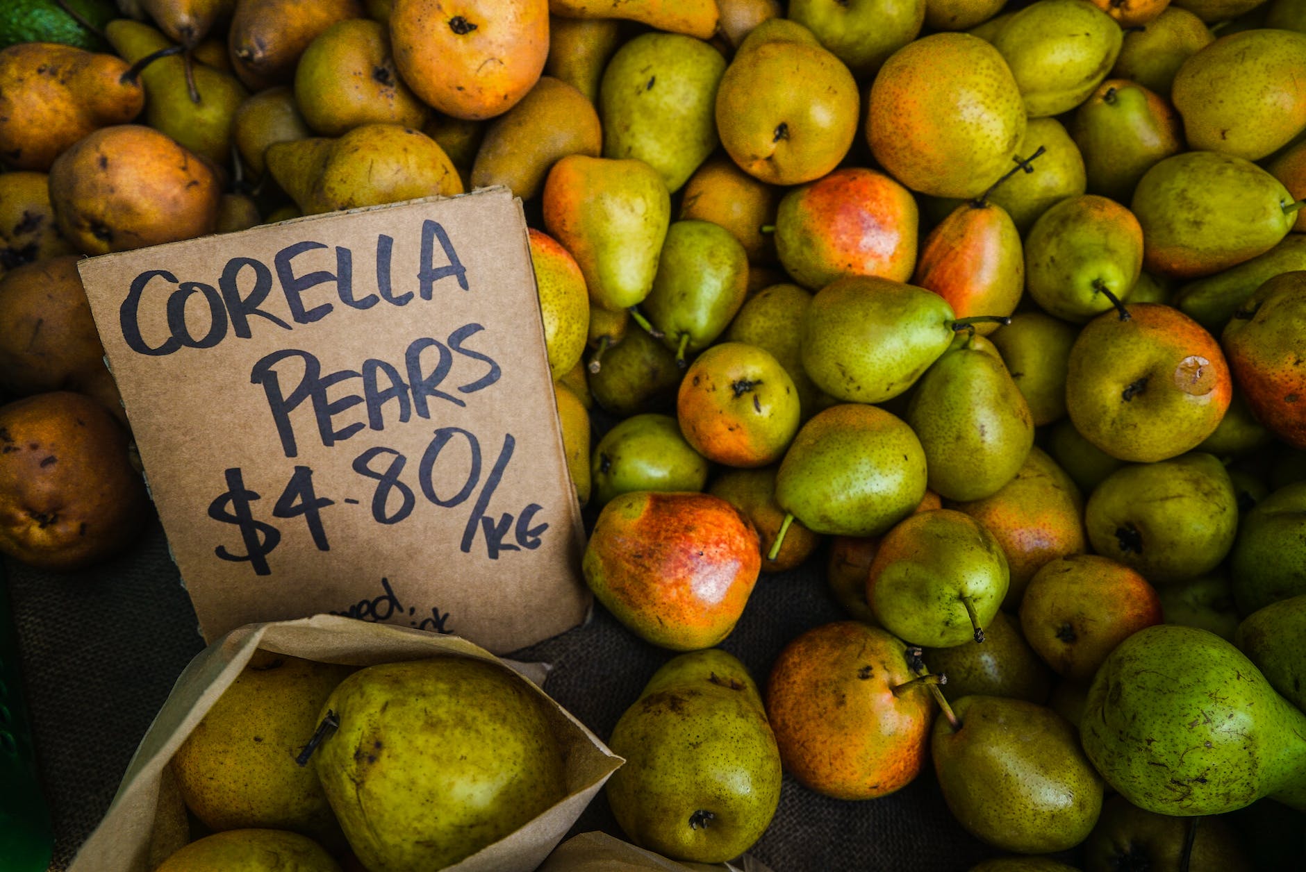 green and orange corella pear fruit lot